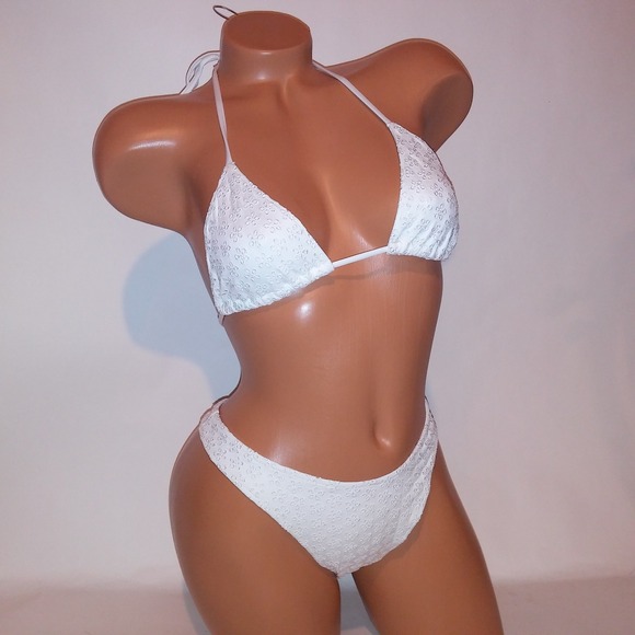 Victoria Secret PINK Swim Bikini Top & Bottom Small White Eyelet Triangle Thong - Picture 1 of 11